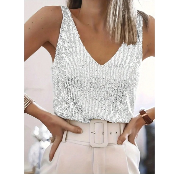 All Over Sequin Silver on White V-Neck Cami Top - Picture 1 of 5